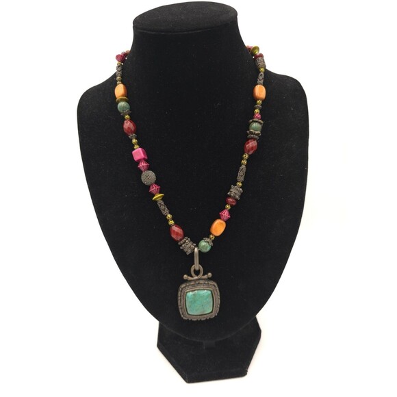 Multicolor Acrylic Beaded Necklace With Faux Turquoise & Stretch Bracelet - Picture 2 of 13